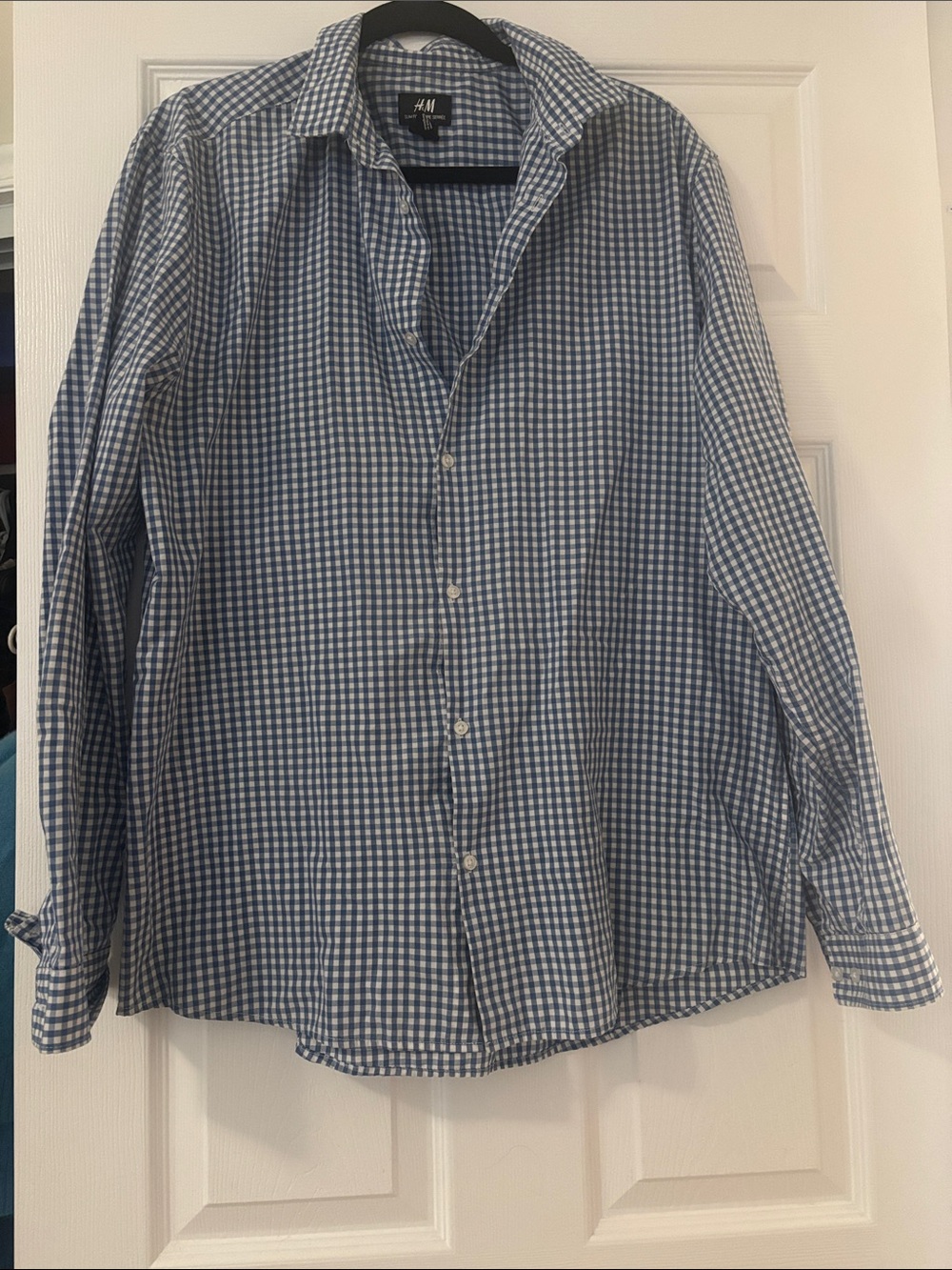 H&M Blue and White Gingham Button-Down Slim Fit Shirt size XL - Men